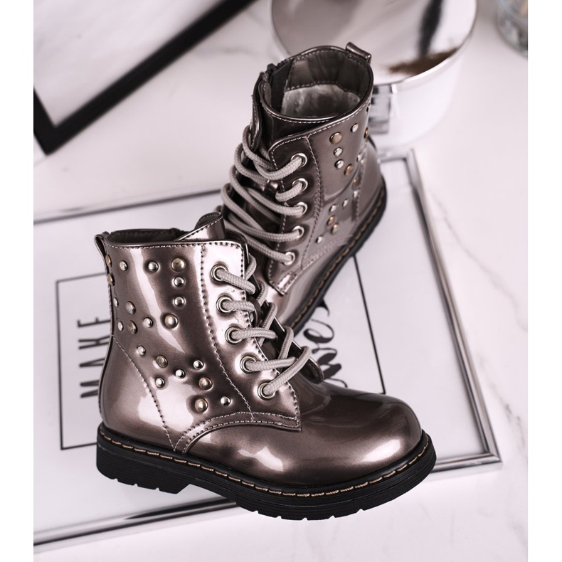 Warme Kinderstiefel mit Strasssteinen Lackiert Fame silber- grau 1