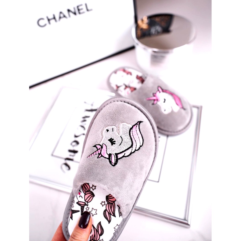 Graue Einhorn Hausschuhe für Kinder mit Einhorn rosa silber- 2