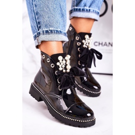 PS1 Warme Damenstiefel mit Perlen, Jets und Schleife, lackiert Perla schwarz 1