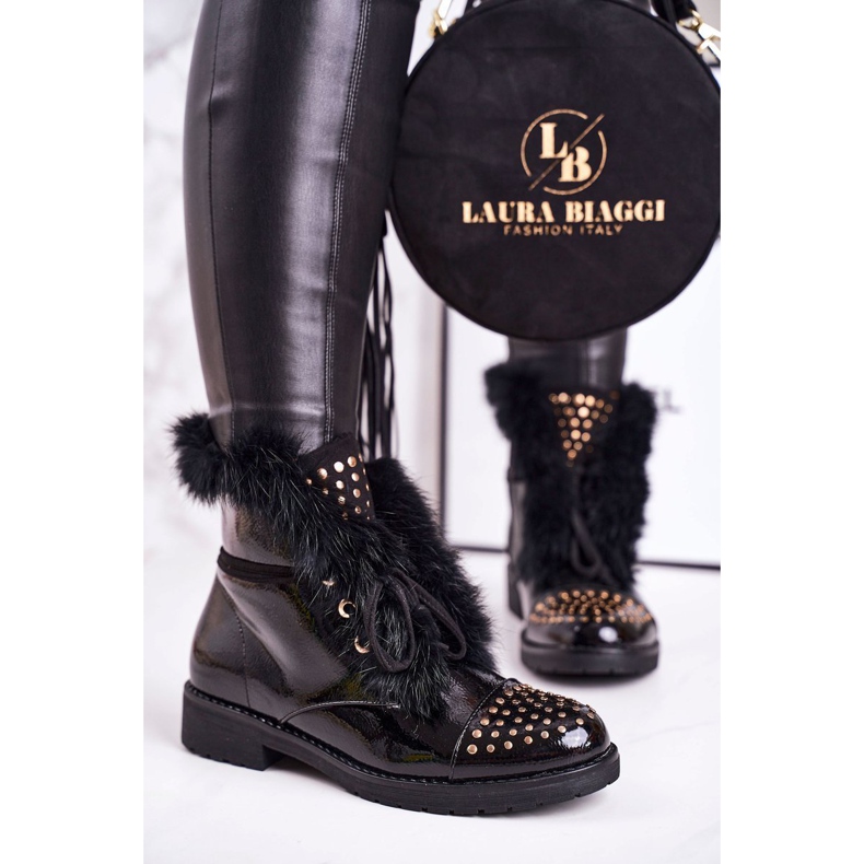 SEA Warme Damenstiefel mit Strasssteinen und Fell, Lackiert Glam schwarz 1