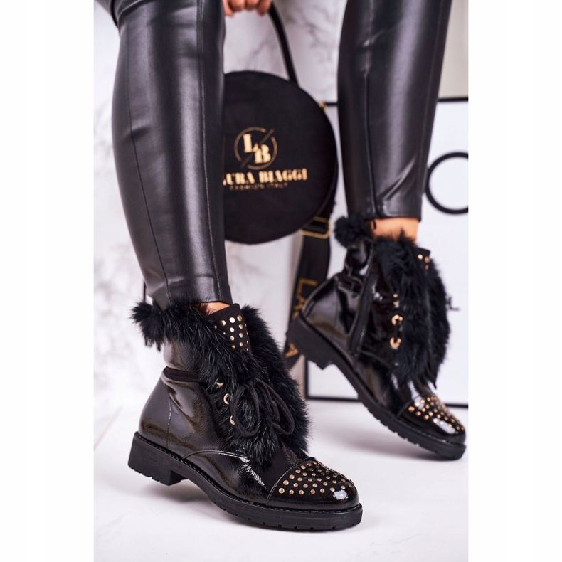 SEA Warme Damenstiefel mit Strasssteinen und Fell, Lackiert Glam schwarz 2