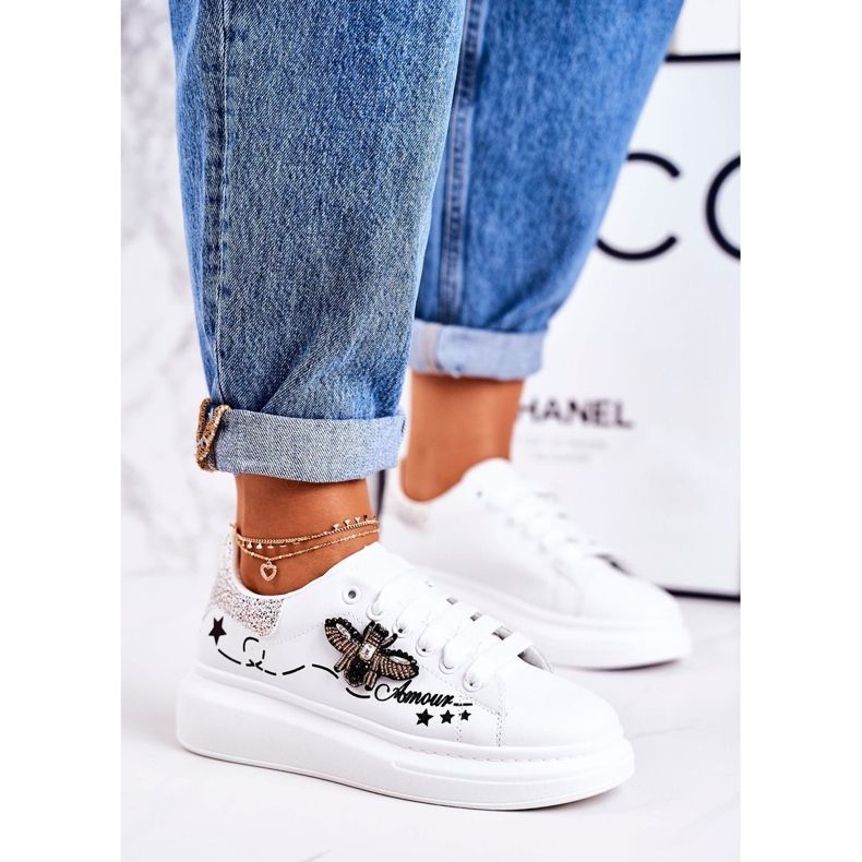 Damen Sportschuhe Sneakers mit Fliege Weiß Silber Amour 1