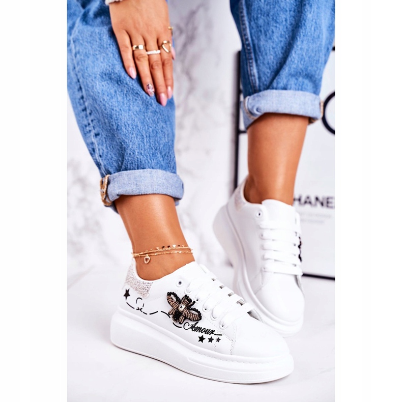 Damen Sportschuhe Sneakers mit Fliege Weiß Silber Amour 2