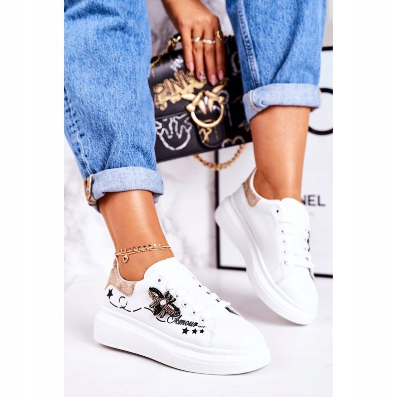 Damen Sportschuhe Sneakers mit Fliege Weiß Golden Amour 2