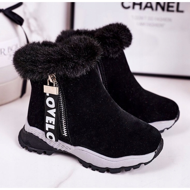 Linshi Warme Kinder-Schneestiefel mit Fell Schwarz Love-Love 1