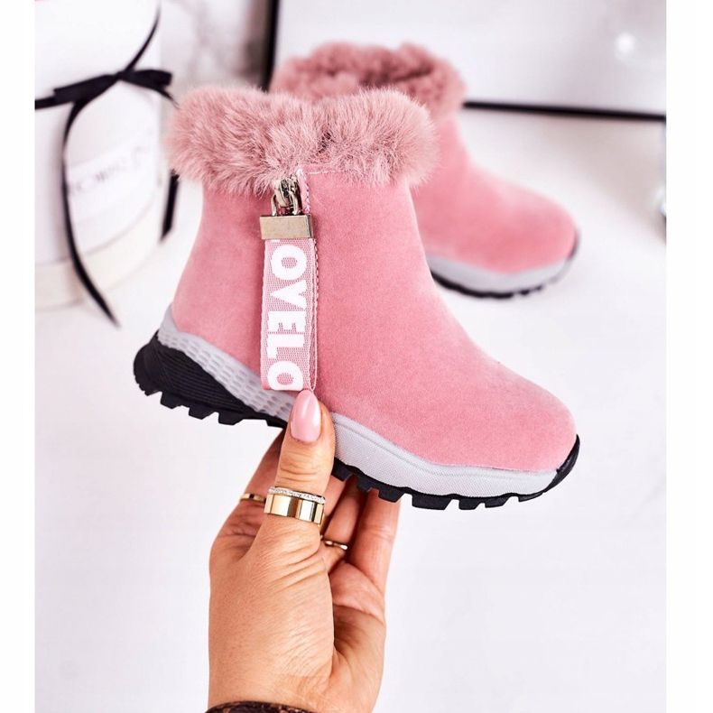 Linshi Warme Kinder-Schneestiefel mit Fell Pink Love-Love rosa 2