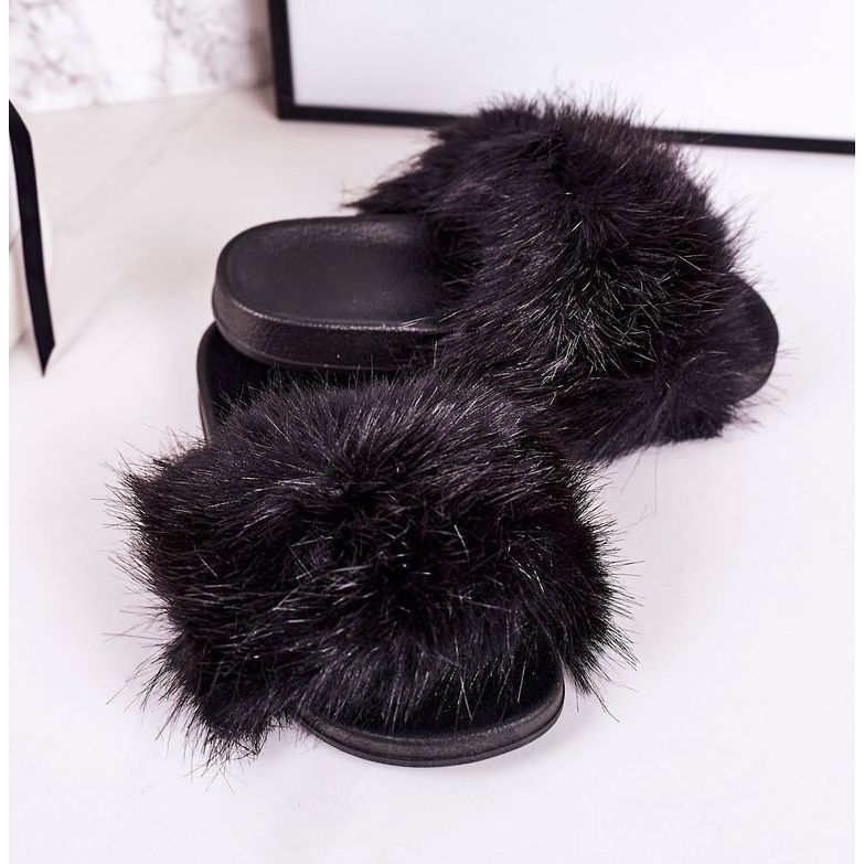 PS1 Schwarze Fashionista-Pelz-Hausschuhe für Kinder 1