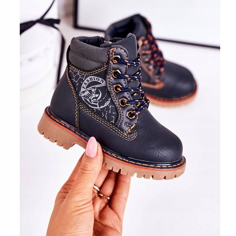 PL1 Warme Kinderstiefel Trappers auf Gummisohle Marineblau Bobby navy blau orange 2