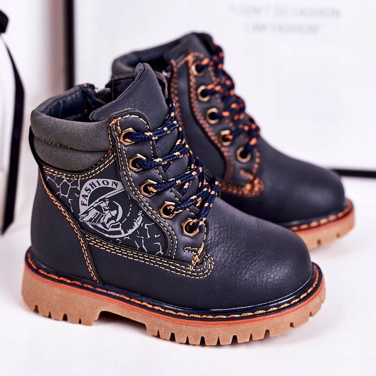 PL1 Warme Kinderstiefel Trappers auf Gummisohle Marineblau Bobby navy blau orange 1