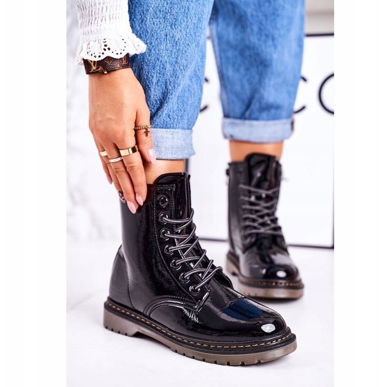 Warme Stiefel für Damen Lackierte Stiefel Black Thunder schwarz 1