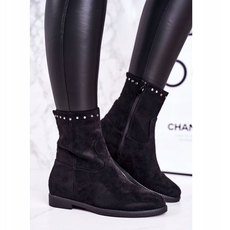 PJ1 Schwarze isolierte Stiefel für Damen mit Strasssteinen aus Wildleder 2