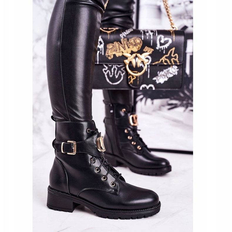 SEA Damen Warme Stiefel Workers Gold Schnalle Schwarz Vera 1