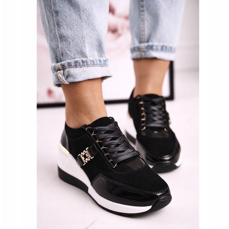 S.Barski Damen Leder Keil Turnschuhe Schwarz Gold Roxette golden 1