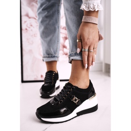 S.Barski Damen Leder Keil Turnschuhe Schwarz Gold Roxette golden 2