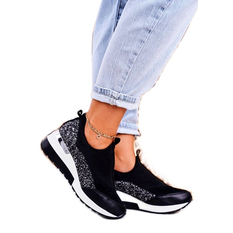 Nicole Damen Leder Keil Turnschuhe Schwarz Silber Frances 2