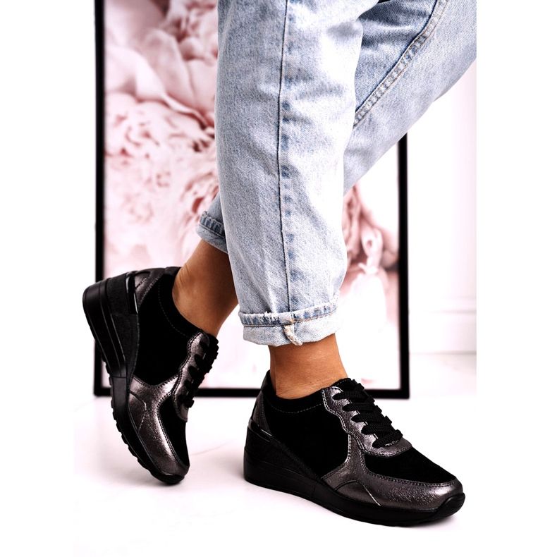 S.Barski Sneakers mit Keilabsatz aus Leder für Damen Schwarz Roxette mehrfarbig silber- 2