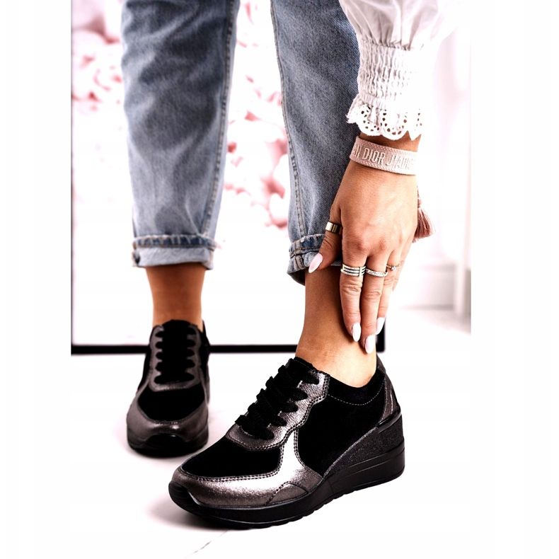 S.Barski Sneakers mit Keilabsatz aus Leder für Damen Schwarz Roxette mehrfarbig silber- 1