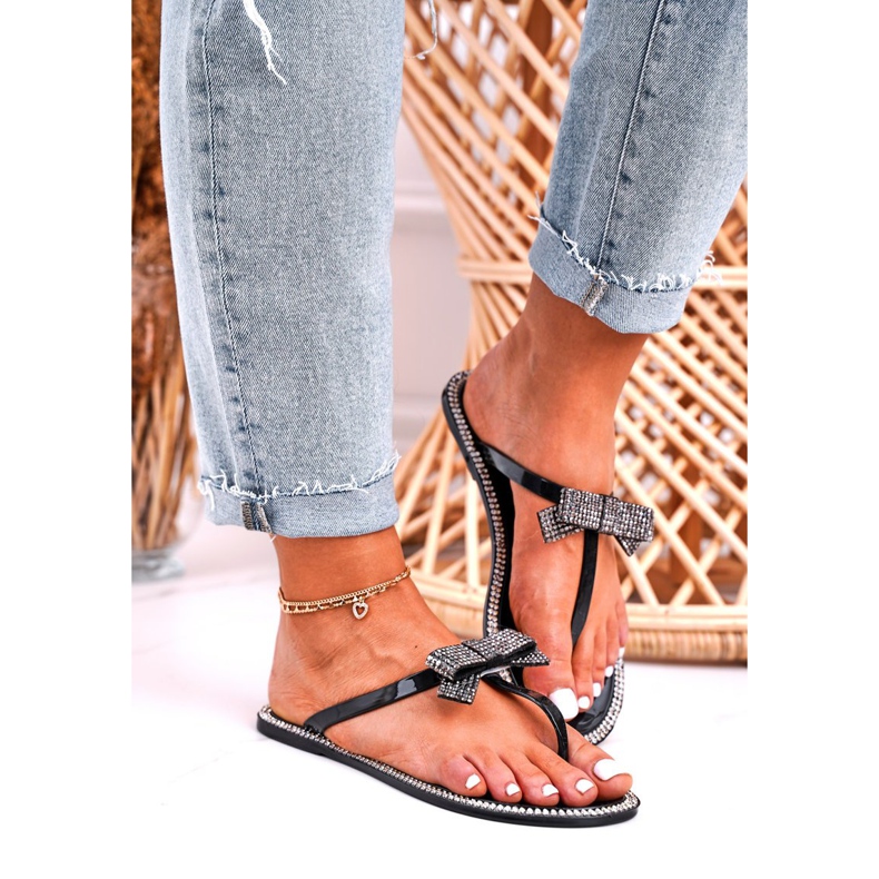 LU BOO Damen Gummi Hausschuhe Schwarz Flip-Flops Deross Strass 1