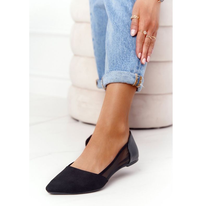 Schwarze Wildlederballerinas in Spitz mit Netz 2