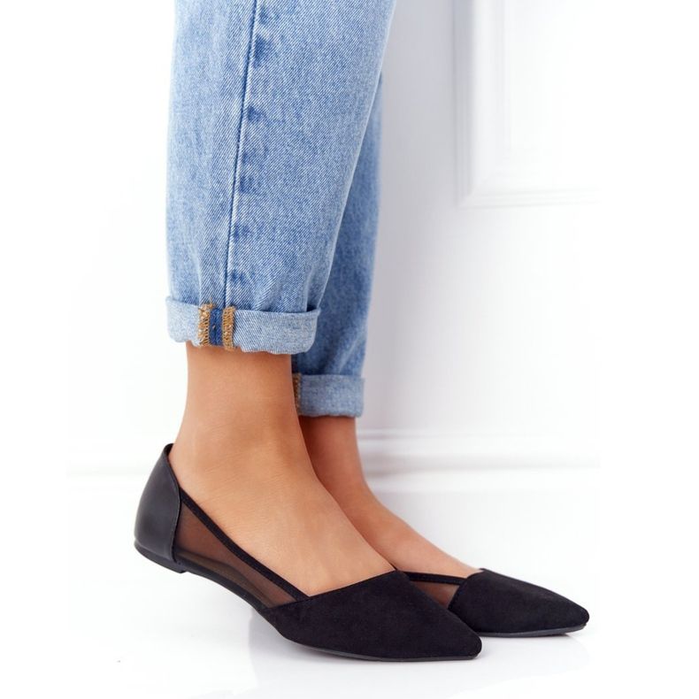 Schwarze Wildlederballerinas in Spitz mit Netz 1