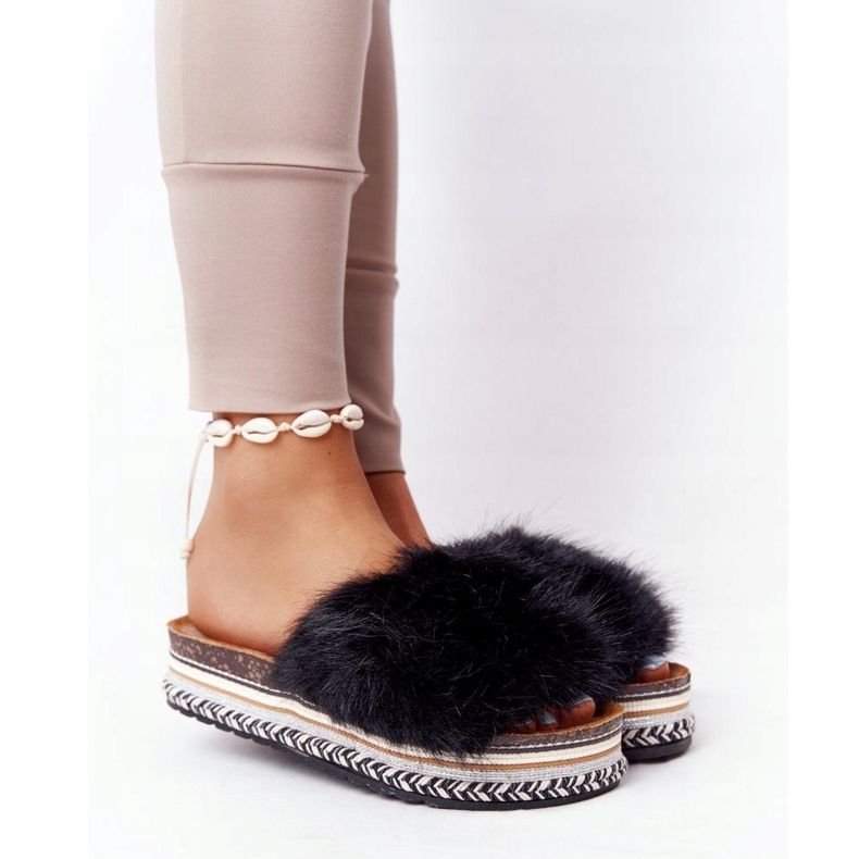 PS1 Schwarze Abenteuer-Plateaupantoffeln mit Fell mehrfarbig 1