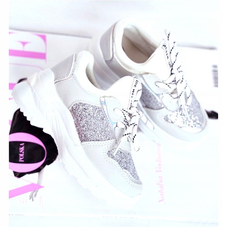 FRROCK Kinder Sportschuhe mit Brokat Silber Matylda weiß silber- grau 2