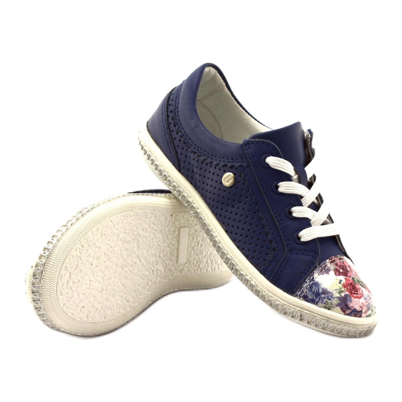 Mädchen der Marine Blue Lederschuhe mit Blumen 85524 Bartek blau 3