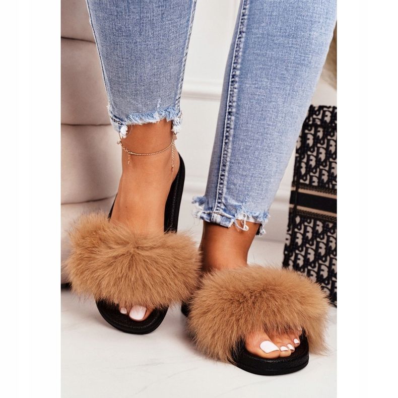 SEA Damen Hausschuhe mit Fell Kamel Belmondo braun schwarz 4