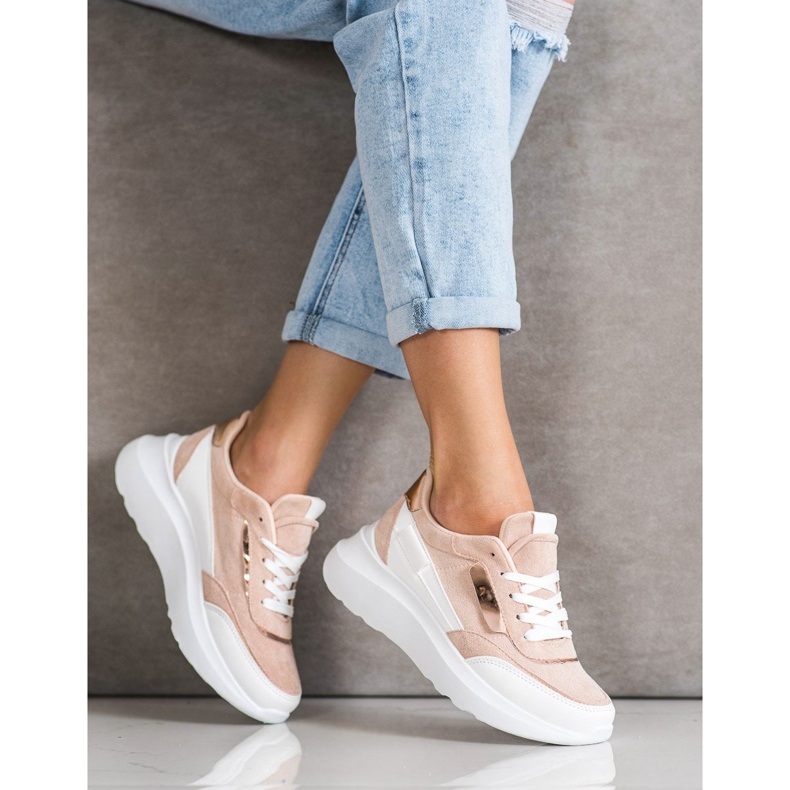 SHELOVET Stylische Wildleder-Sneakers weiß rosa 1