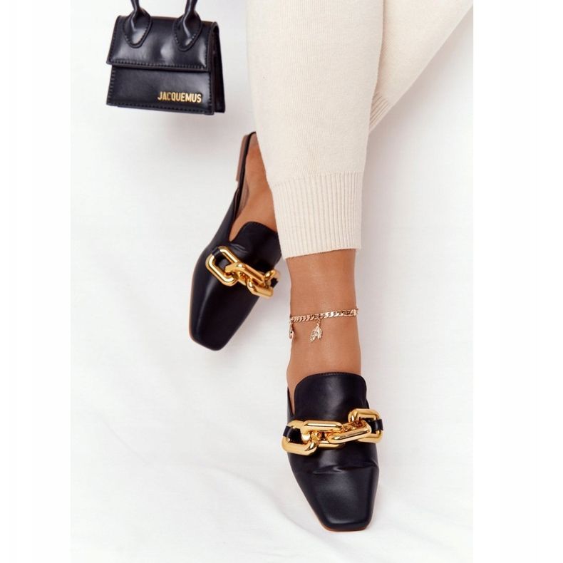 PS1 Schwarze Call On Me Hausschuhe mit Obermaterial und Kette golden 2