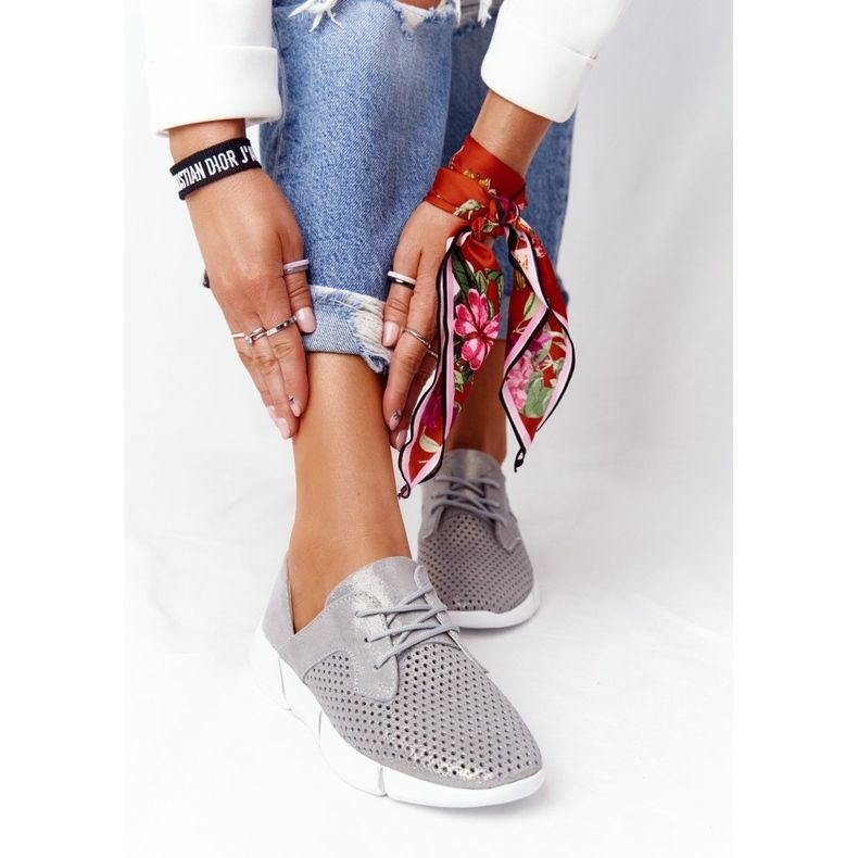 EVE Damen Leder Sportschuhe Grau Tagesausflug silber- 2