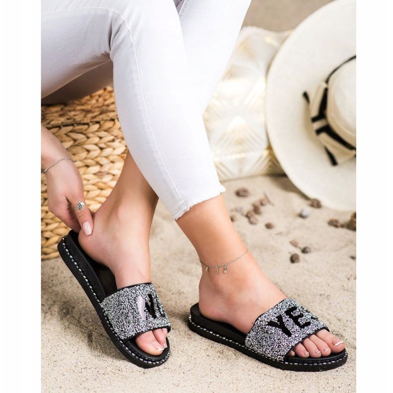 SHELOVET Modische Flip-Flops mit Kristallen schwarz silber- 1