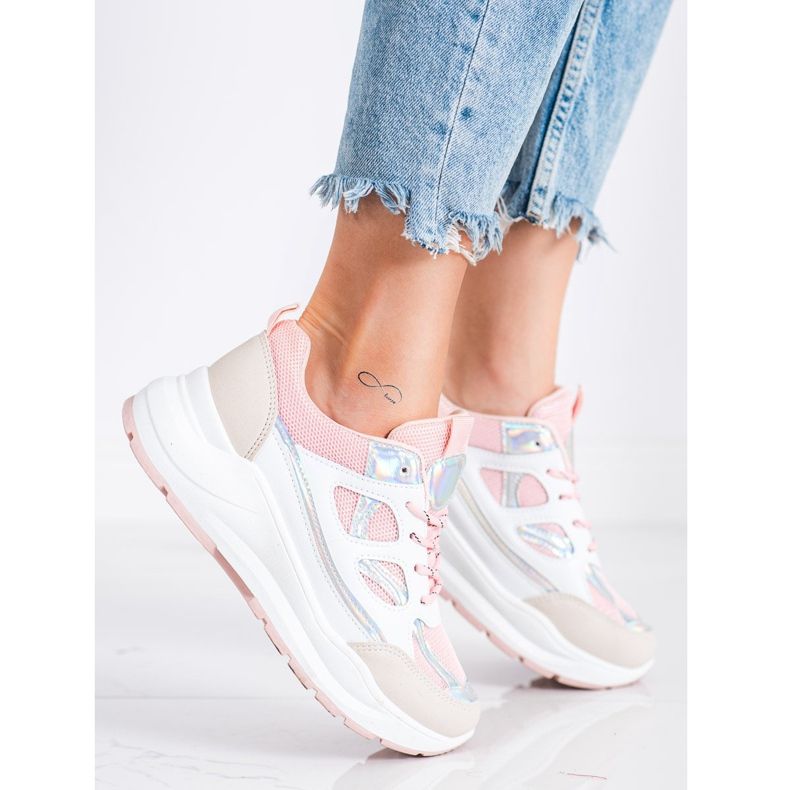 SHELOVET Stylische Sneaker beige weiß rosa silber- 1