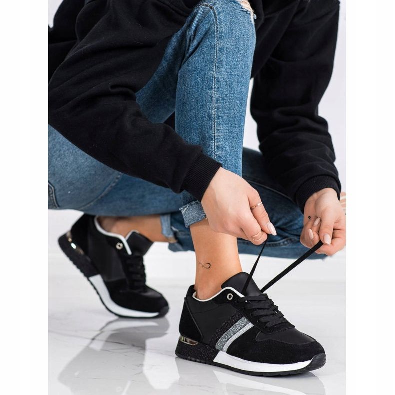 SHELOVET Schwarze Sneakers mit Glitzer-Plateau silber- 1