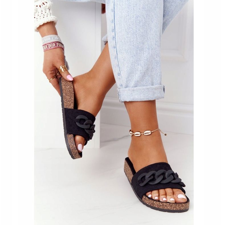 MSMG Schwarze Makayla Wildleder Hausschuhe auf der Korksohle 1