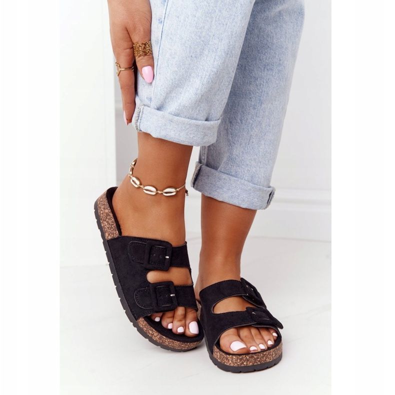 MSMG Schwarze Jennifer Wildleder Hausschuhe auf Korksohle 2