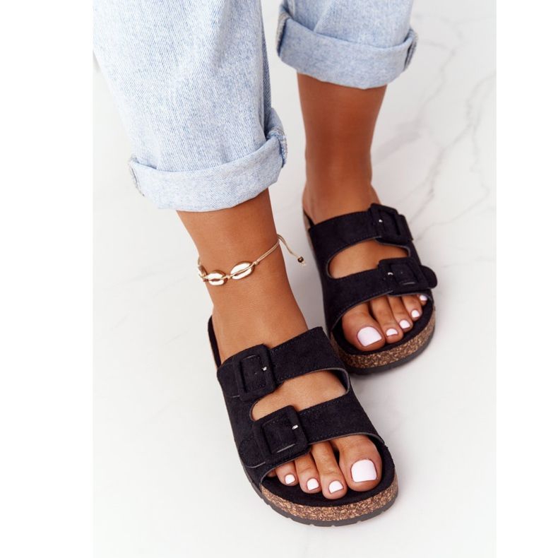 MSMG Schwarze Jennifer Wildleder Hausschuhe auf Korksohle 1