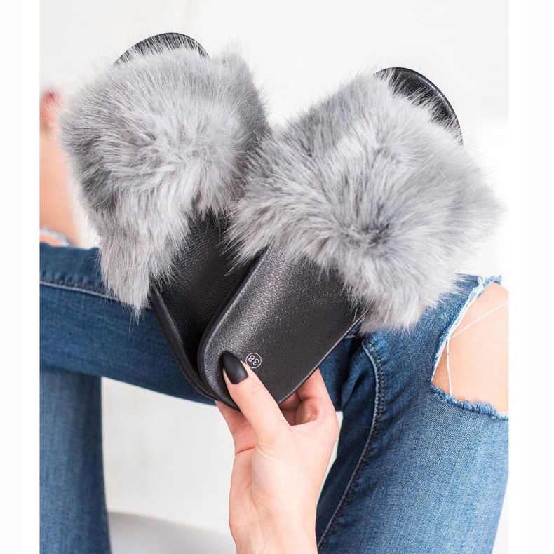 SHELOVET Bequeme Pelzpantoffeln grau 2