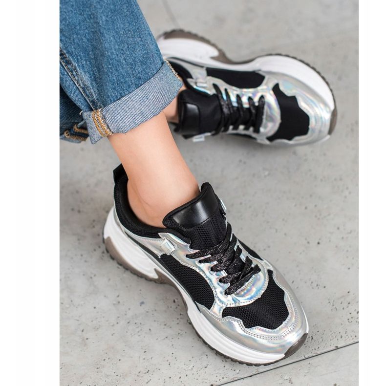 SHELOVET Fashion Sneakers mit Holo-Effekt schwarz silber- 1