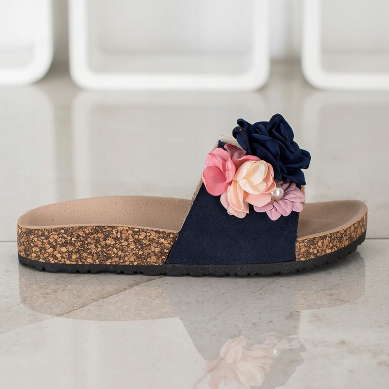 VINCEZA Hausschuhe mit Blumen marineblau blau mehrfarbig 1