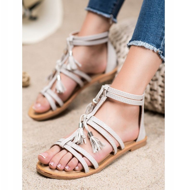 SHELOVET Graue Sandalen mit Fransen 1