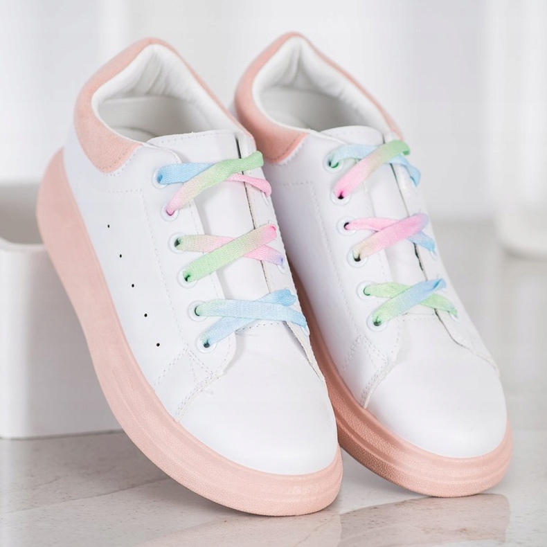 SHELOVET Sneakers mit bunten Schnürsenkeln weiß rosa 1