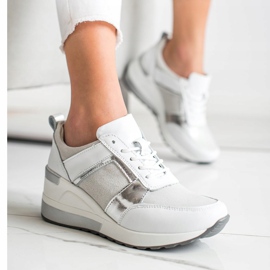 Sneakers aus Leder mit VINCEZA Glitzer weiß silber- 2