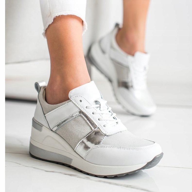 Sneakers aus Leder mit VINCEZA Glitzer weiß silber- 2