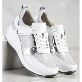 Sneakers aus Leder mit VINCEZA Glitzer weiß silber- 1