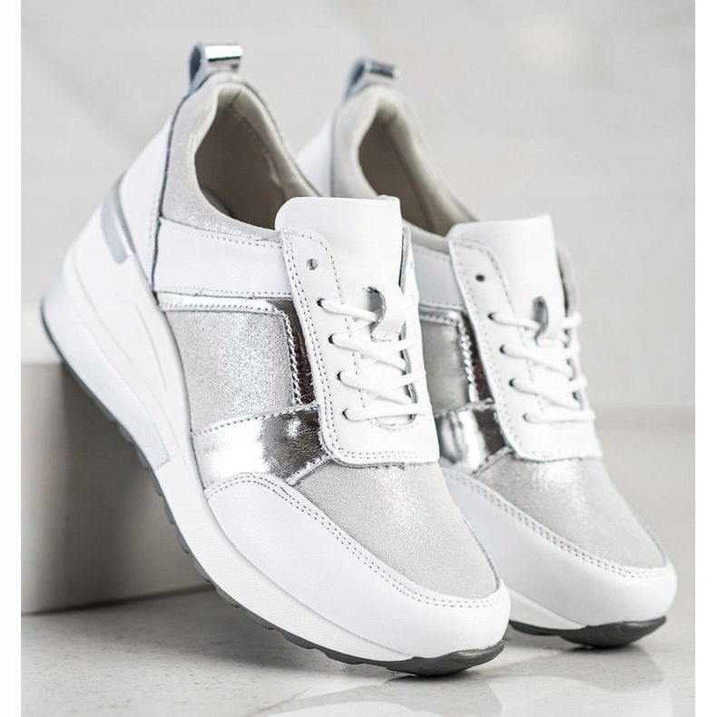 Sneakers aus Leder mit VINCEZA Glitzer weiß silber- 1
