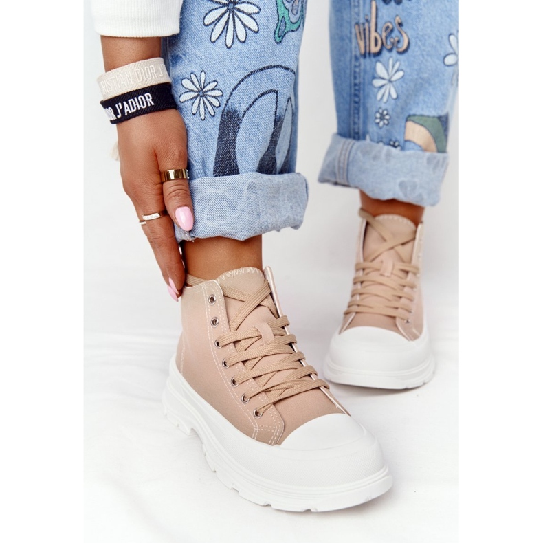 Hohe Sneakers für Damen auf einer großen Sohle hellbraun Trissy 2