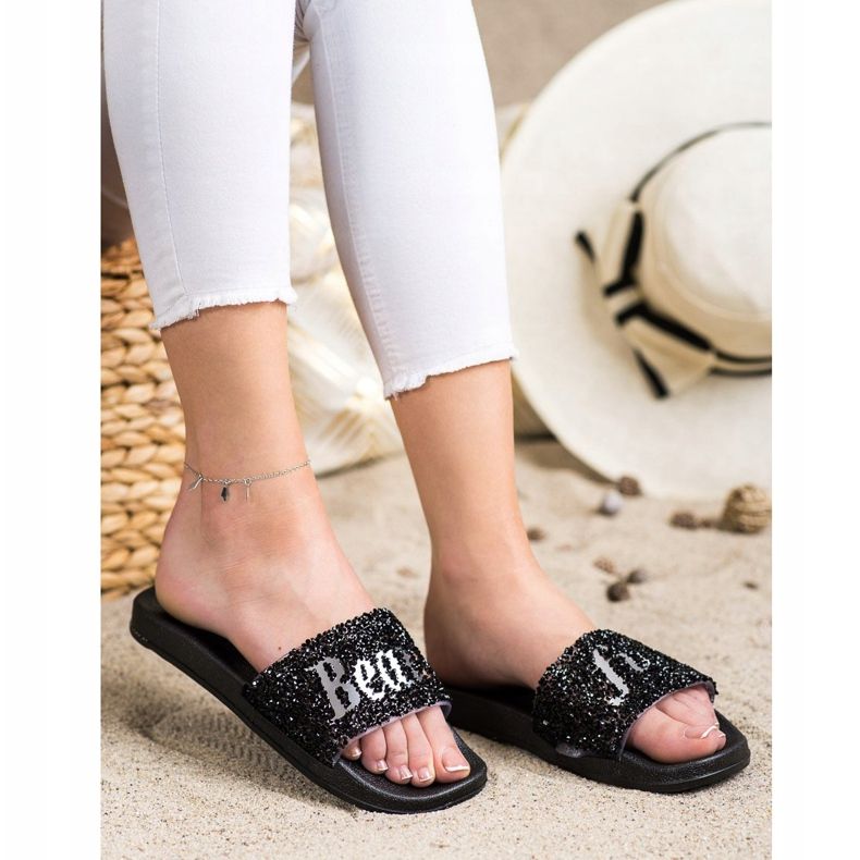 SHELOVET Schöne Hausschuhe mit Kristallen schwarz 2