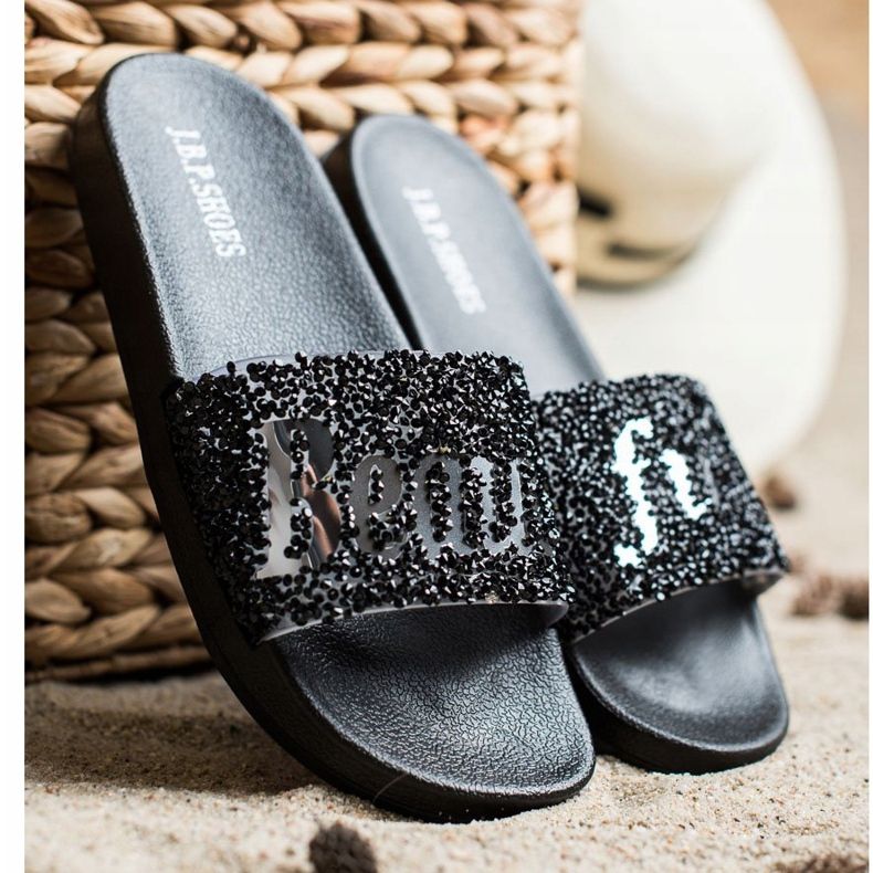 SHELOVET Schöne Hausschuhe mit Kristallen schwarz 1
