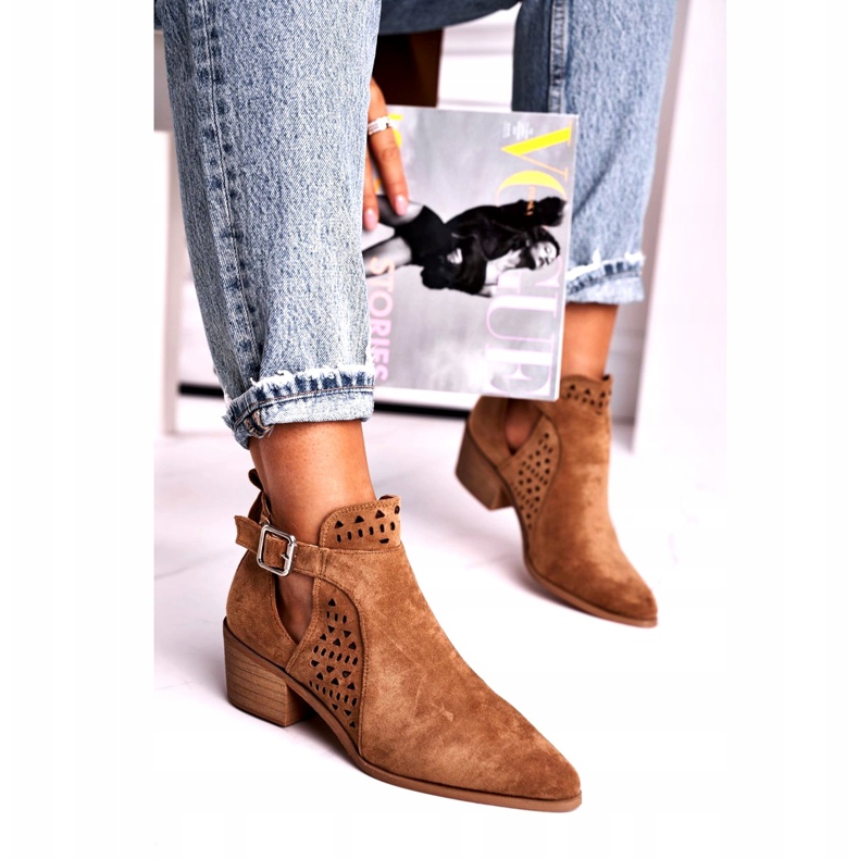 FB1 Damenstiefel mit hohem Absatz Wildleder Schnalle Camel Esen braun 1